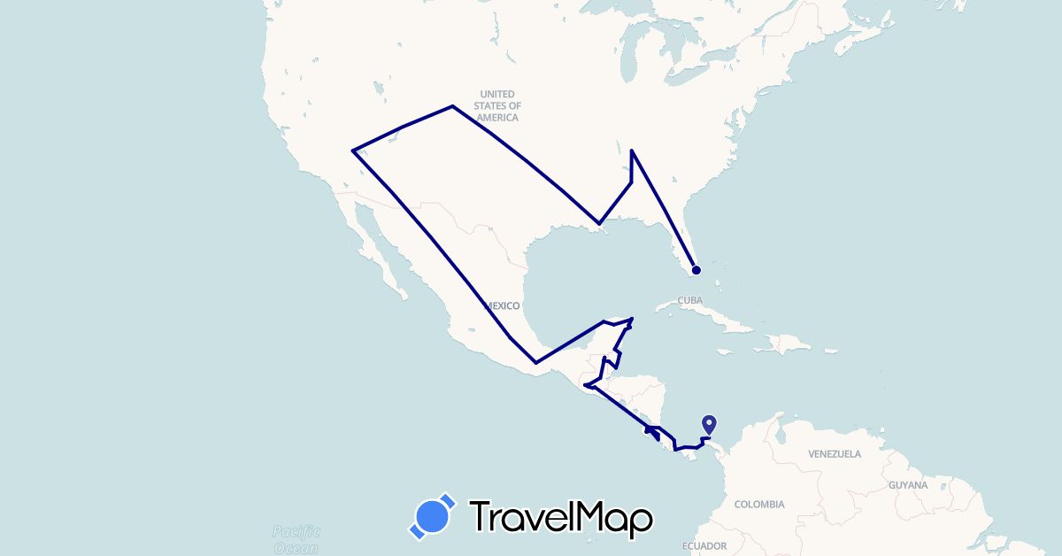 TravelMap itinerary: driving in Belize, Costa Rica, Guatemala, Mexico, Panama, United States (North America)
